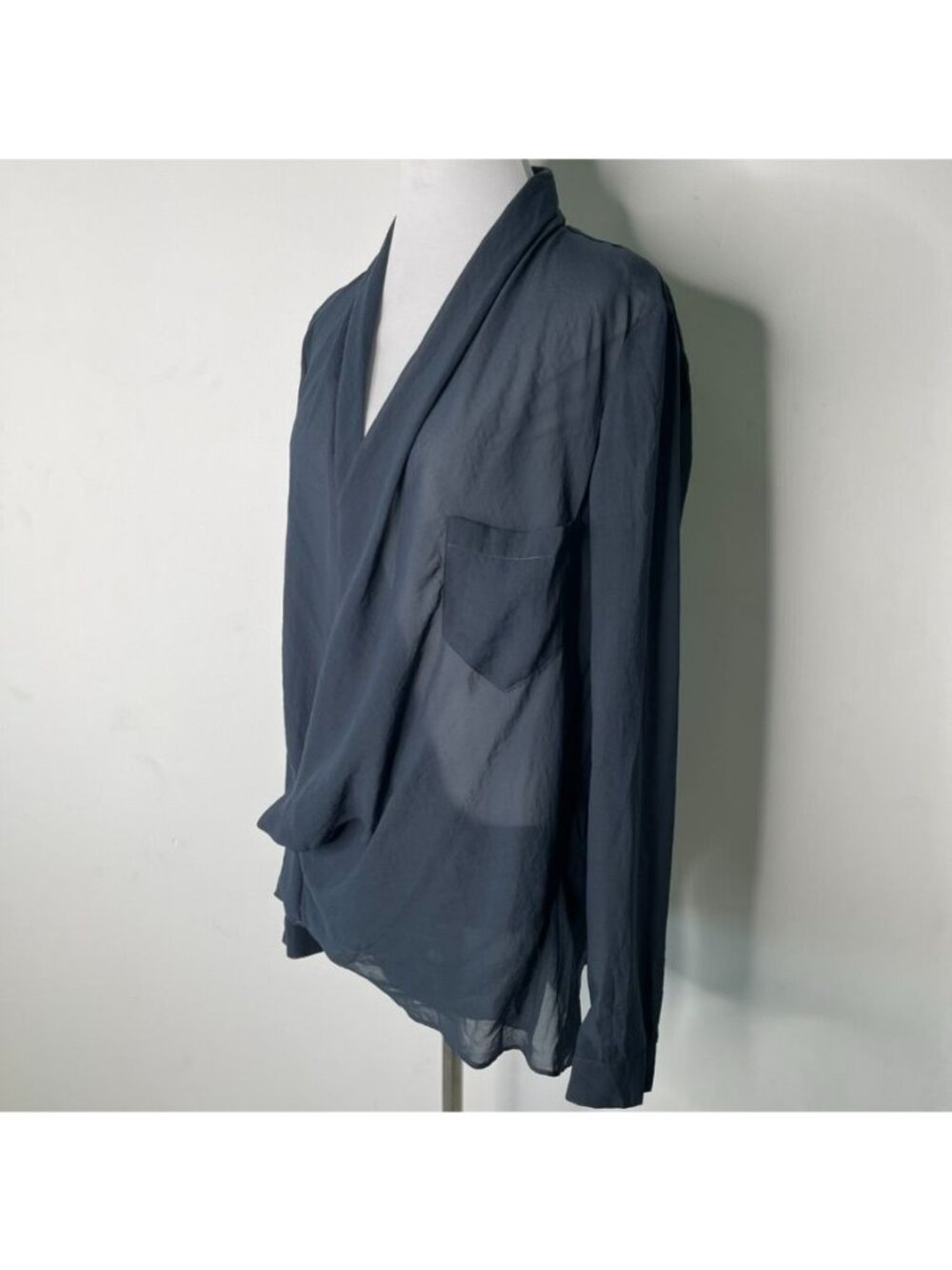 Helmut Lang Sheer Draped Morse Wrap Blouse Blue Grey Asymmetric Top Women's L - Picture 3 of 12